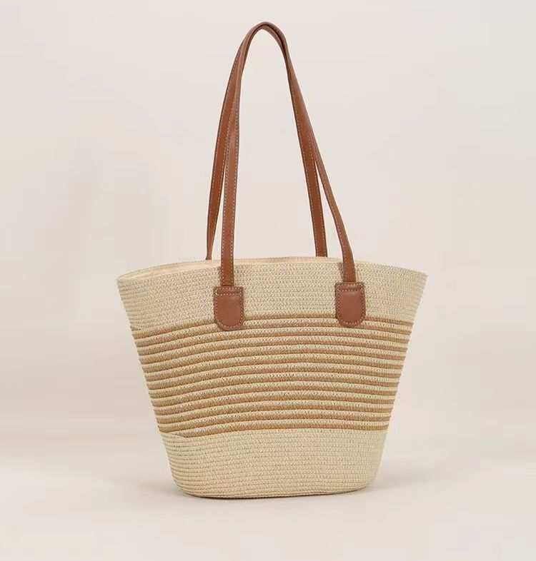 für Damen Sommerhandtasche Strandtasche Große Kapazität Gewebte Schultertasche Rattan Stroh Eimer Tasche Trendy_voghion.com