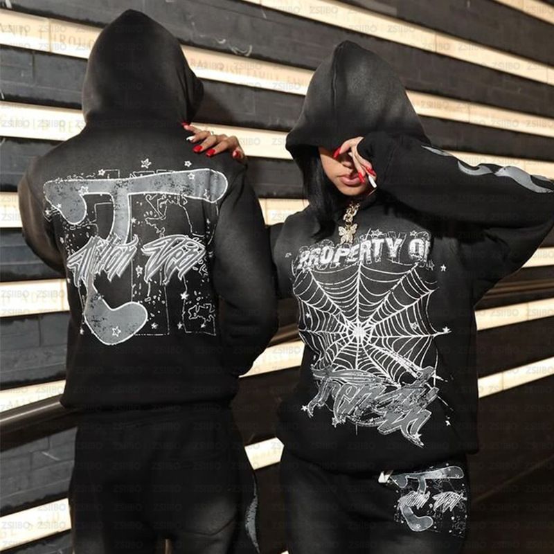 Herrkläder Y2K Street Retro hoodie i gammal stil Personlig tröja med tryckt spindelnät_voghion.com