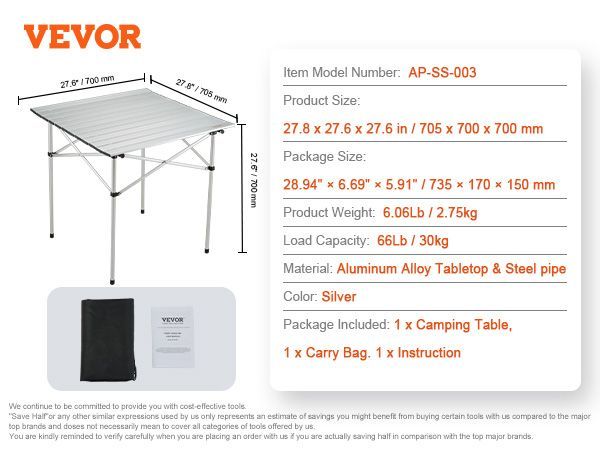 VEVOR Folding Camping Table, Outdoor Portable Side Tables, Lightweight Fold Up Table, Aluminum Ultra Compact Work Table With Carry Bag, For Cooking, Beach, Picnic, Travel, 24x16 Inch, Silver_voghion.com