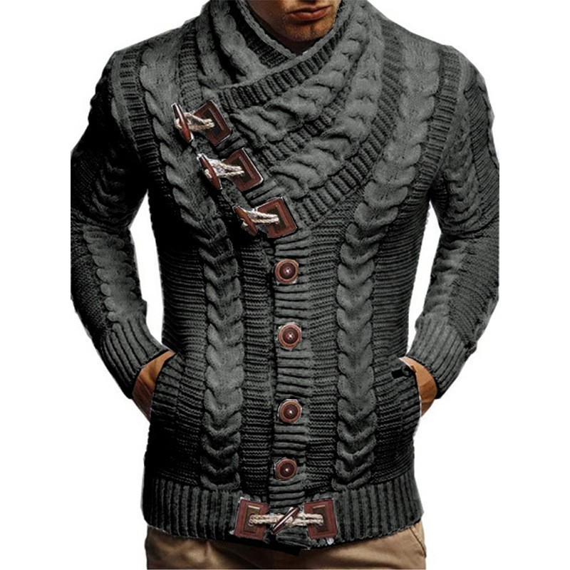 Autumn and Winter New High Collar Cow Horn Leather Button Sweater Men's Knitted Cardigan Top Clothes_voghion.com