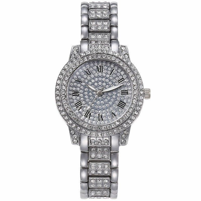 Relógios de quartzo populares da moda feminina, conjunto de relógios com padrão romano, relógio de quartzo Cornucópia, pulseira com diamantes e colar com manchas_voghion.com