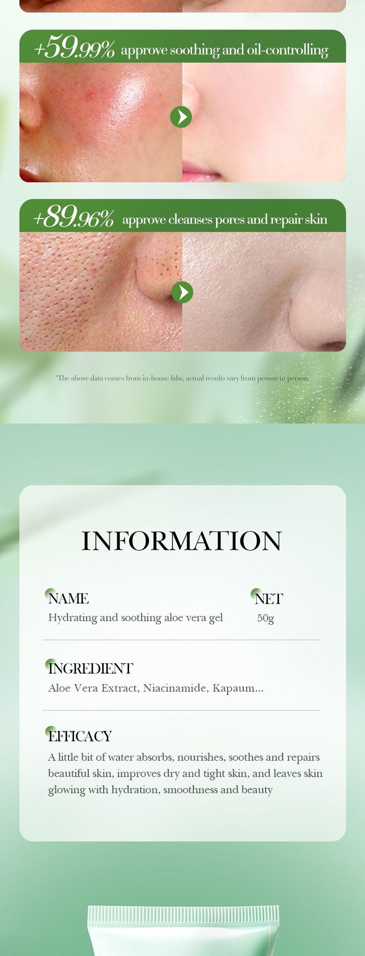 Aloe Vera Gel BIOAOUA Hydrating Soothing Aloe Vera Gel 50g Translucent Rejuvenation_voghion.com