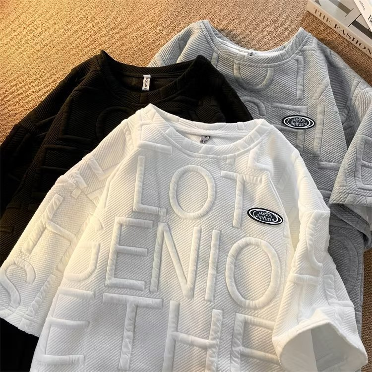 Herenkleding Zomerpak voor heren, trendy en veelzijdig, effen kleur, casual T-shirt met korte mouwen, wafeltop_voghion.com