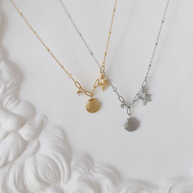 Whale Rain Jewelry Ocean Style Exquisite Shell Claw Diamond Starfish Short Chain Clavicle Necklace Titanium Steel Plated with Gold_voghion.com
