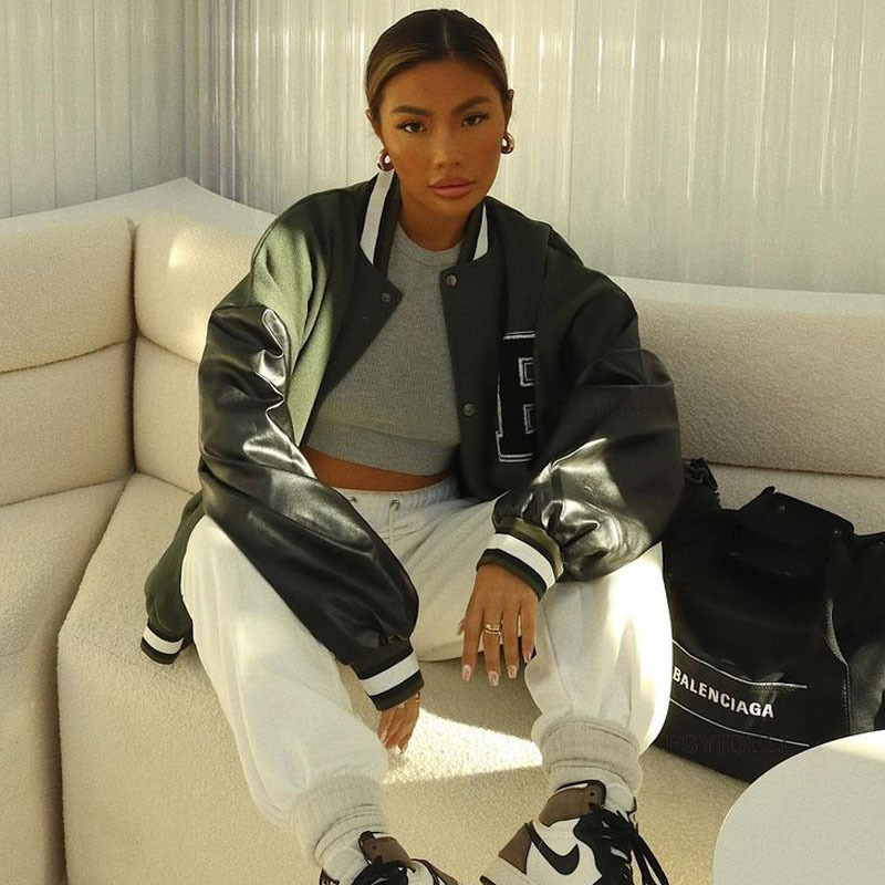 Chaqueta de béisbol engrosada de lana con letras para mujer_voghion.com