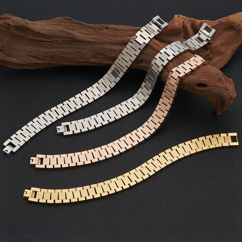 Solid Stainless Watch Band Gold Simple Men's Wide Bracelet Titanium Steel Adjustable Bangle_voghion.com