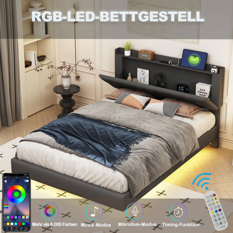 Polsterbett 140x200cm Con USB-Ladefunktion, LED, Leinenstoff Grau_voghion.com