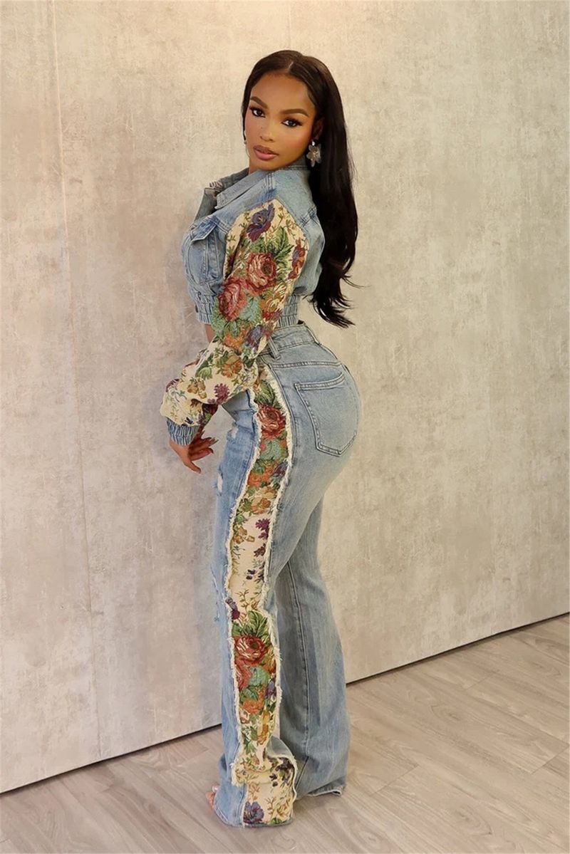 Moda feminina roupas estampadas cor combinando jaqueta jeans jeans terno de duas peças_voghion.com