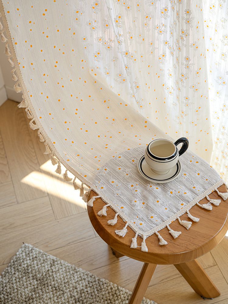 Cortinas de algodón semitransparentes de estilo japonés, sin perforaciones, con ganchos y ojales, con estampado floral bohemio y garabatos para sala de estar y dormitorio._voghion.com