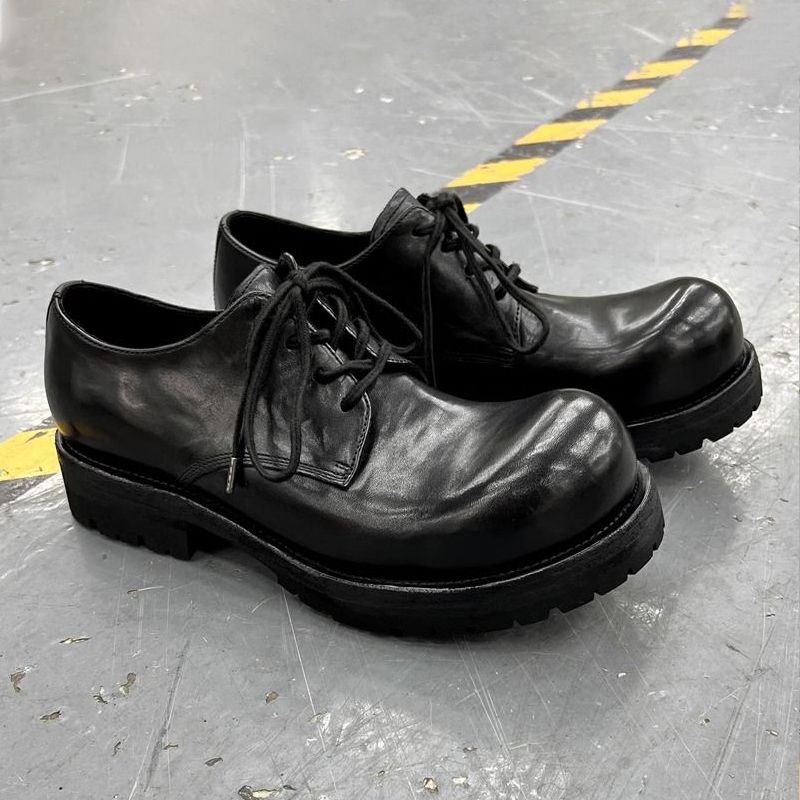 Big Head Derby Herrenschuhe mit dicker Sohle, höhenverstellbar, britischer Stil, Neuankömmling, beunruhigt, Retro, lässig, schwarz, Arbeitskleidung_voghion.com