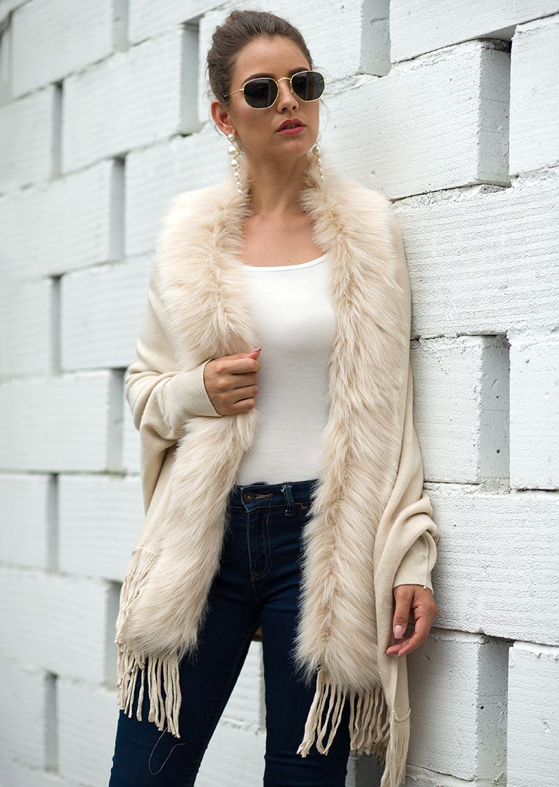 Maglione cardigan tinta unita in stile europeo e americano, autunno e inverno, con nappa e collo in pelliccia_voghion.com