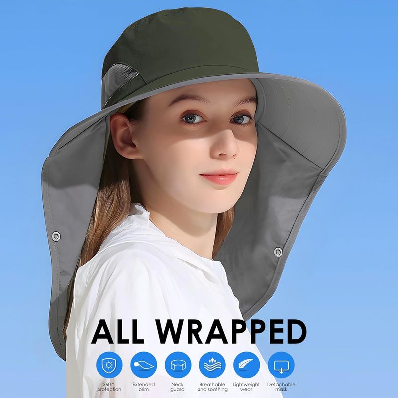 Outdoor Sun Hat Detachable Neck Face Flap UPF 50+UV Protection Visor Fishing Hats With Neck Flap For Men & Women_voghion.com