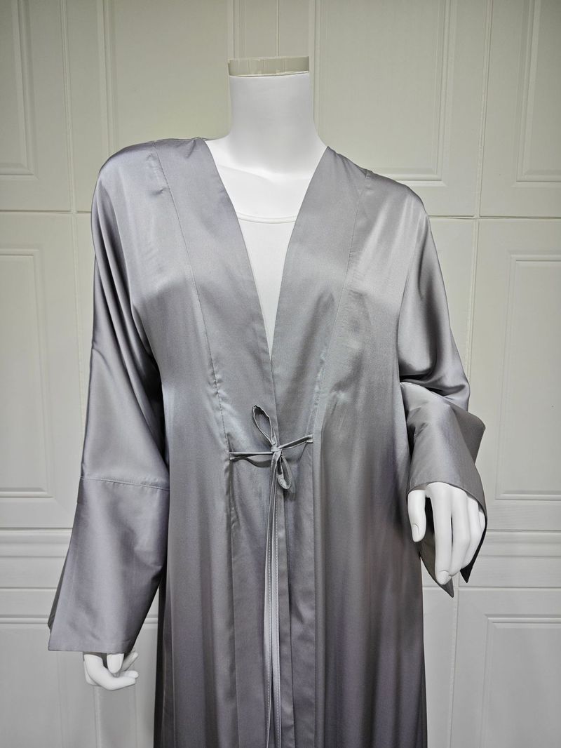 Femei musulmane halat de baie rochie de seară satinată moale cu deschidere frontală halat Abaya culoare solidă_voghion.com