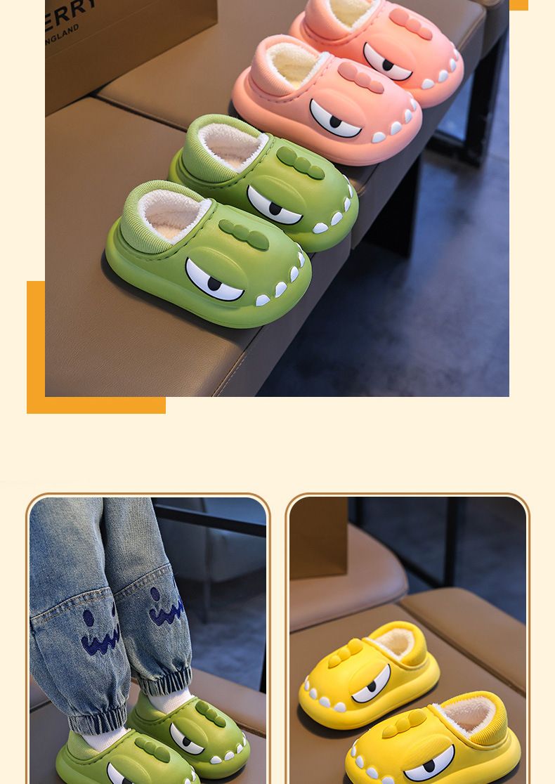 Dinosaurier-Hausschuhe mit Fleece-Futter für Kinder – Wasserdichte Winterhausschuhe mit vollständiger Fersenabdeckung (1–12 Jahre, Unisex)_voghion.com