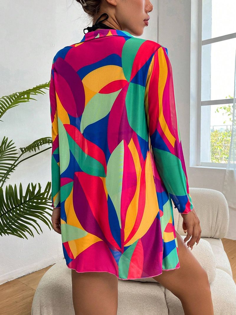 Women's irregular printing and dyeing multi-color long-sleeved long summer swimming mesh clothes_voghion.com
