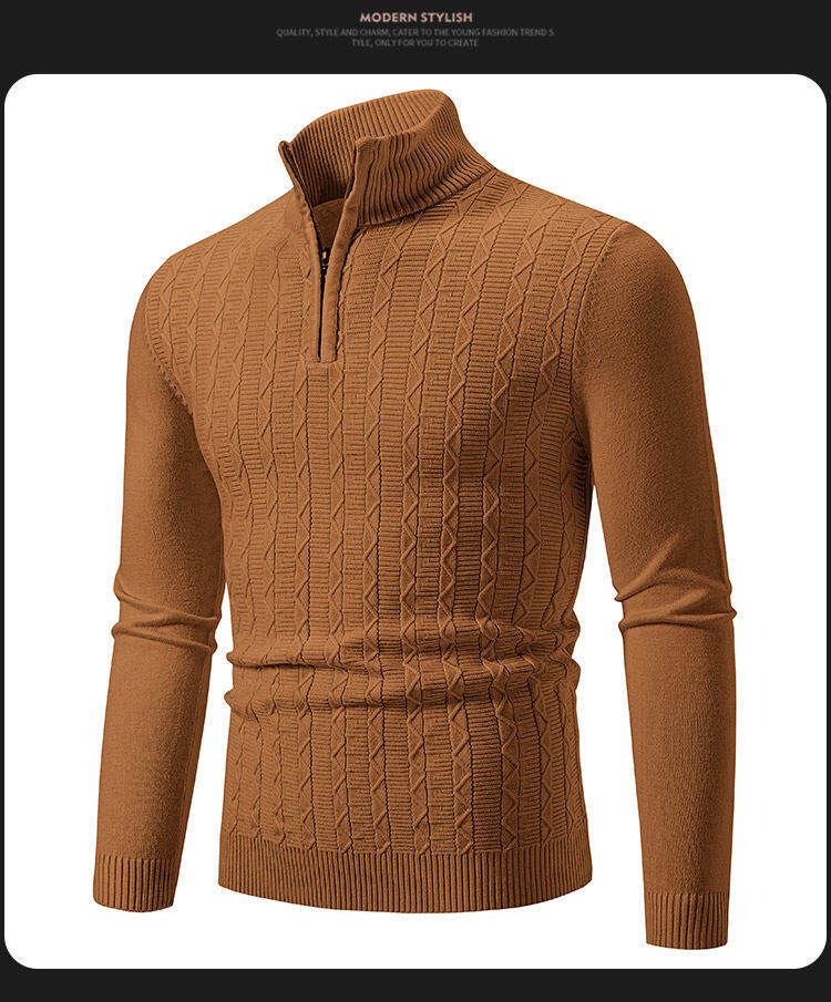 Herrenpullover mit halbem Reißverschluss, schmale Passform, Strickpullover mit Zopfmuster, lässiges Langarmoberteil für den Herbst (M-3XL, 8 Farben)_voghion.com
