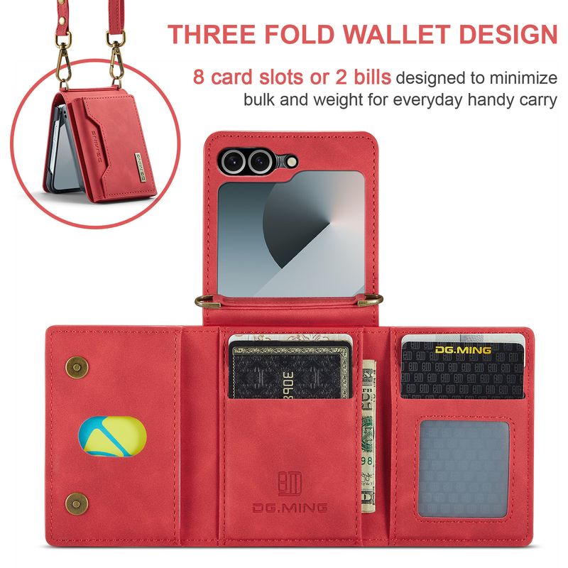 Custodia pieghevole M2 per Samsung Z Flip6 Custodia per telefono con portafoglio per carte Custodia protettiva in pelle con tracolla Z Flip6_voghion.com