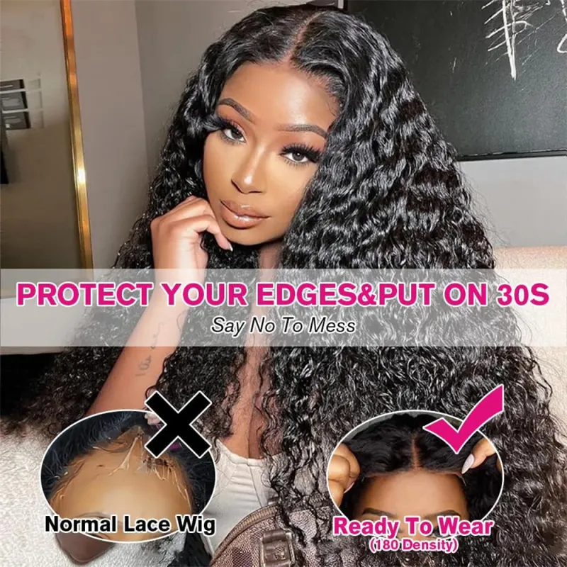 Pelucas de cabello humano brasileño con ondas al agua y encaje frontal para mujer, peluca prearrancada sin pegamento y con rizos profundos, 180 %_voghion.com