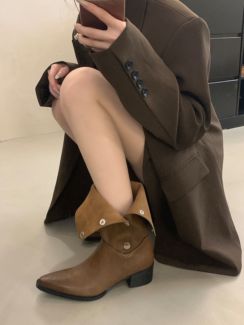 Damenschuhe Stiefeletten Herbst Neue Stiefel aus weichem Leder in geriebener Farbe Metall versteckte Schnalle kann gefaltet werden Zwei Tragemöglichkeiten Retro-Ritterstiefel mit dickem Absatz_voghion.com