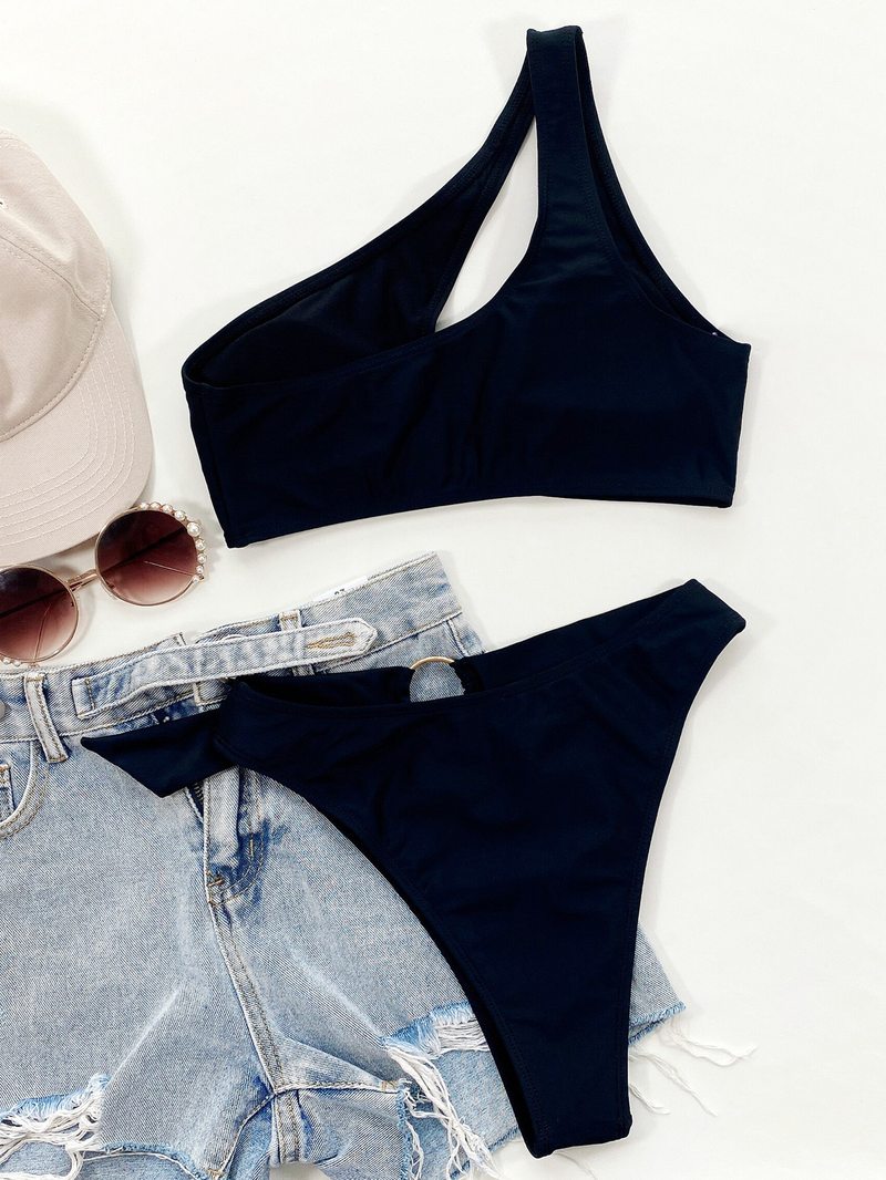 Women's bikini single shoulder solid color sexy female split swimsuit triangle bag swimsuit_voghion.com