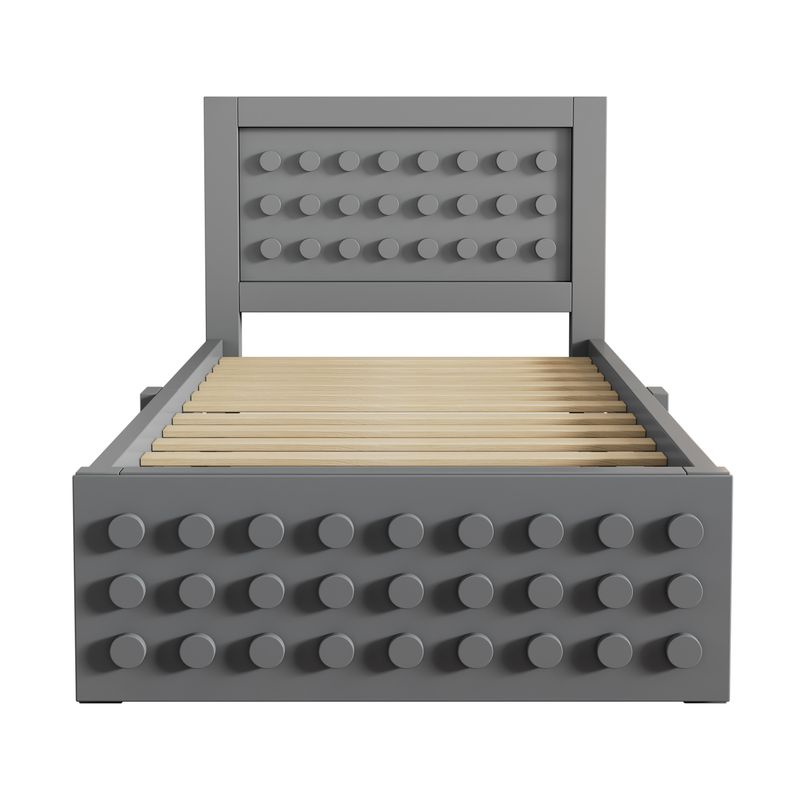 Holzbett 90x200cm mit Blockdesign, Massivholz, Schubladen, Grau_voghion.com