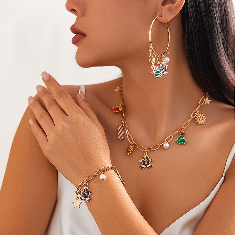 Christmas Charm Jewelry Set For Women, Gold Tone Santa Gingerbread Tree Necklace, Bracelet & Hoop Earrings Set, Festive Holiday Statement Jewelry For_voghion.com