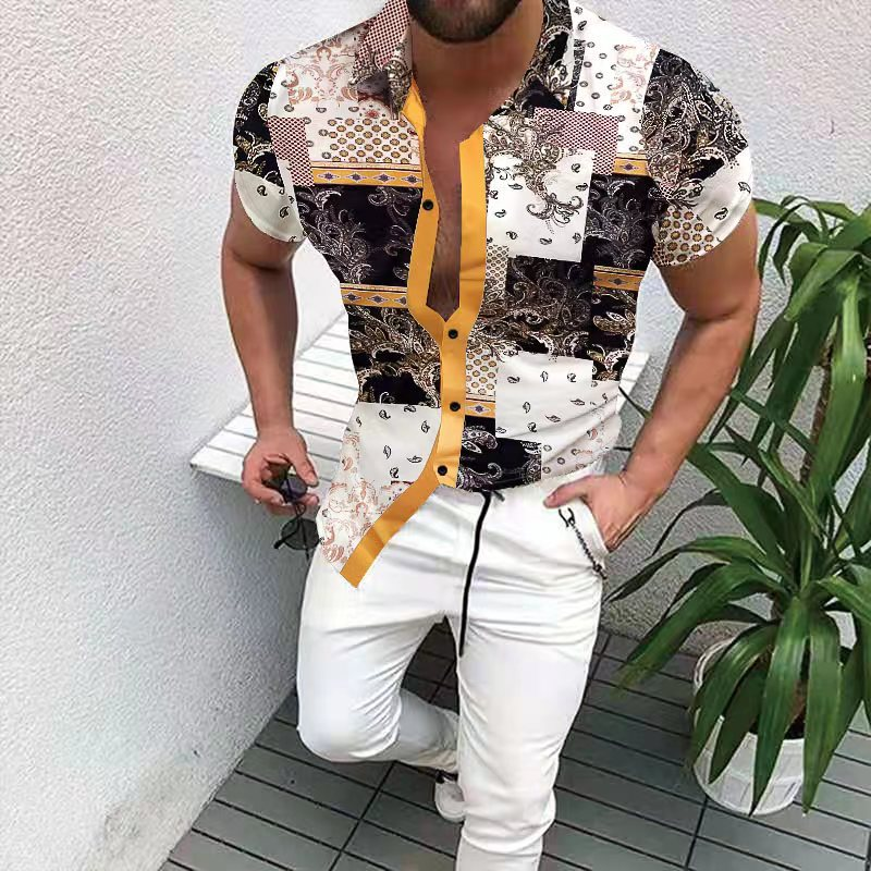 Camicia casual a maniche corte con stampa, camicia da uomo per il resort per le vacanze estive_voghion.com