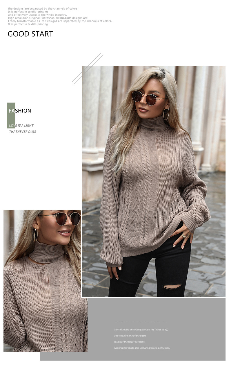 Herbstmode Damen einfarbig Langarm Twist Rollkragenpullover locker_voghion.com