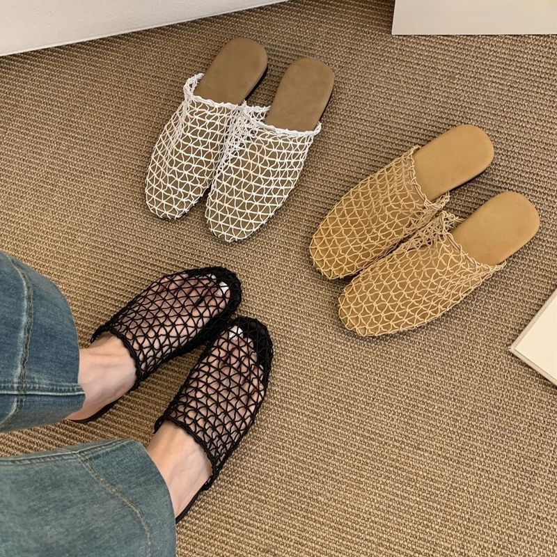 New Mesh Hollow Breathable Fishnet Woven Closed-Toe Half Slippers Flat Mules Roman Sandals_voghion.com