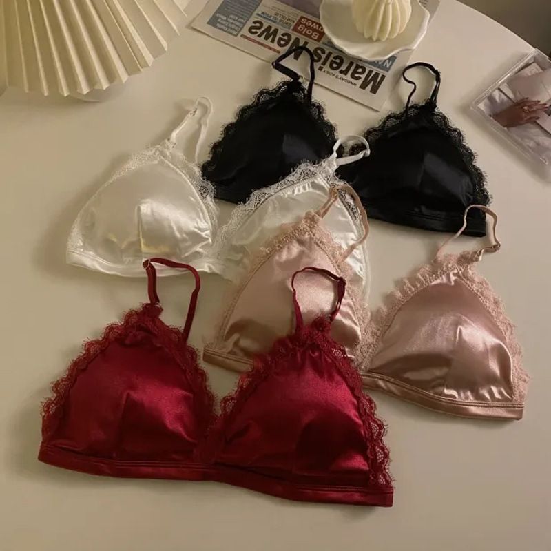Sieviešu Intimates trīsstūra formas bļodiņu formas mežģīņu apakšveļa Sieviešu skaista muguras siksniņu augšdaļa ar krokām, kas novērš nokarāšanos, bez tērauda gredzena, maza krūšu daļa, plāna aptinuma forma._voghion.com