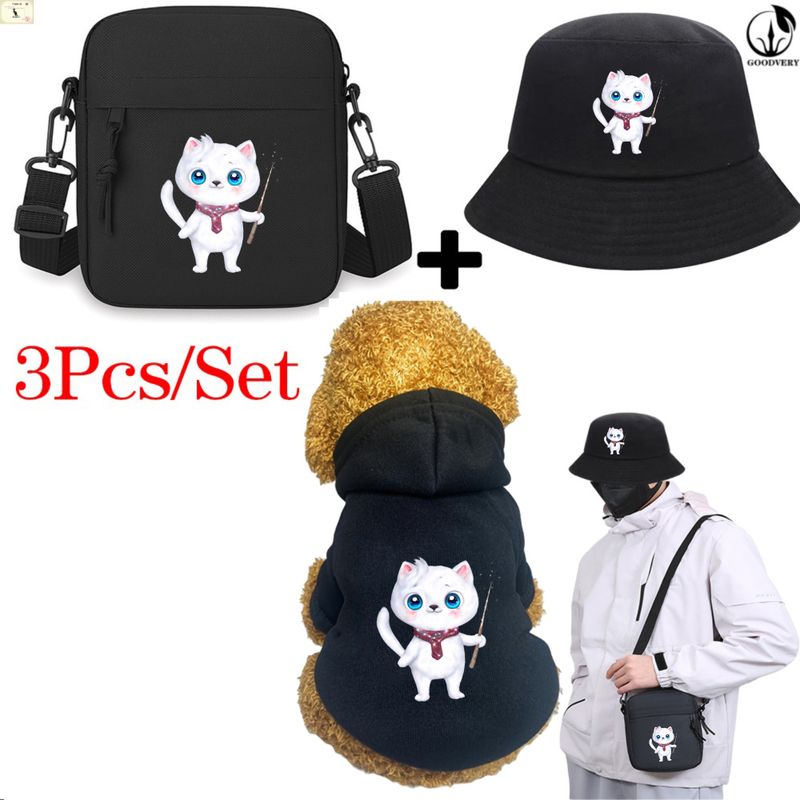 Animal Kangaroo3Pcs/Set White Cat Print Bag Hat Set Pet Apparel Three-Piece Combo Winter Comfort Pet Clothing Stylish Ideal For Outdoor Pet Travel_voghion.com