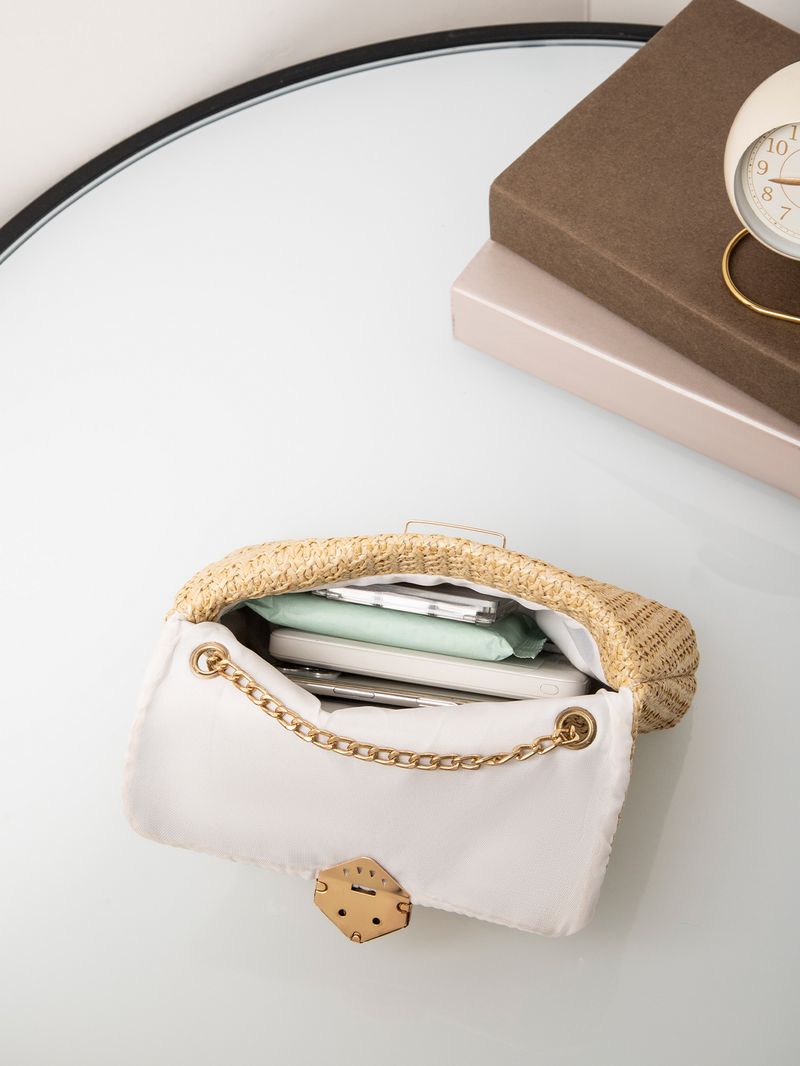 Borsa a tracolla estiva intrecciata da donna - Borsa in paglia con chiusura a diamante e tracolla a catena (borsa a tracolla minimalista da donna)_voghion.com