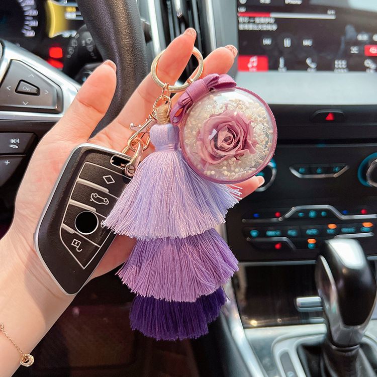Creative Ice Silk Tassel Eternal Flower Gradient Color Internet Celebrity Car Keychain Cute Bag Pendant Gift_voghion.com