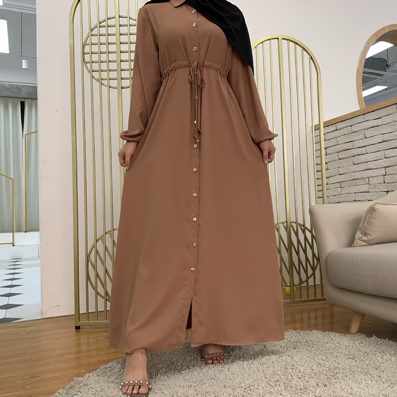 Roupas femininas nova moda muçulmana lapela cor sólida botão completo vestido fino saia longa_voghion.com