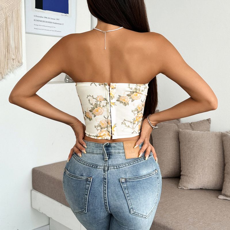 Sexy Spicy Girl Low-Cut Backless Floral Wrapped Chest Diamond-Shaped Fishbone Waist-Cinching Camisole L0033_voghion.com