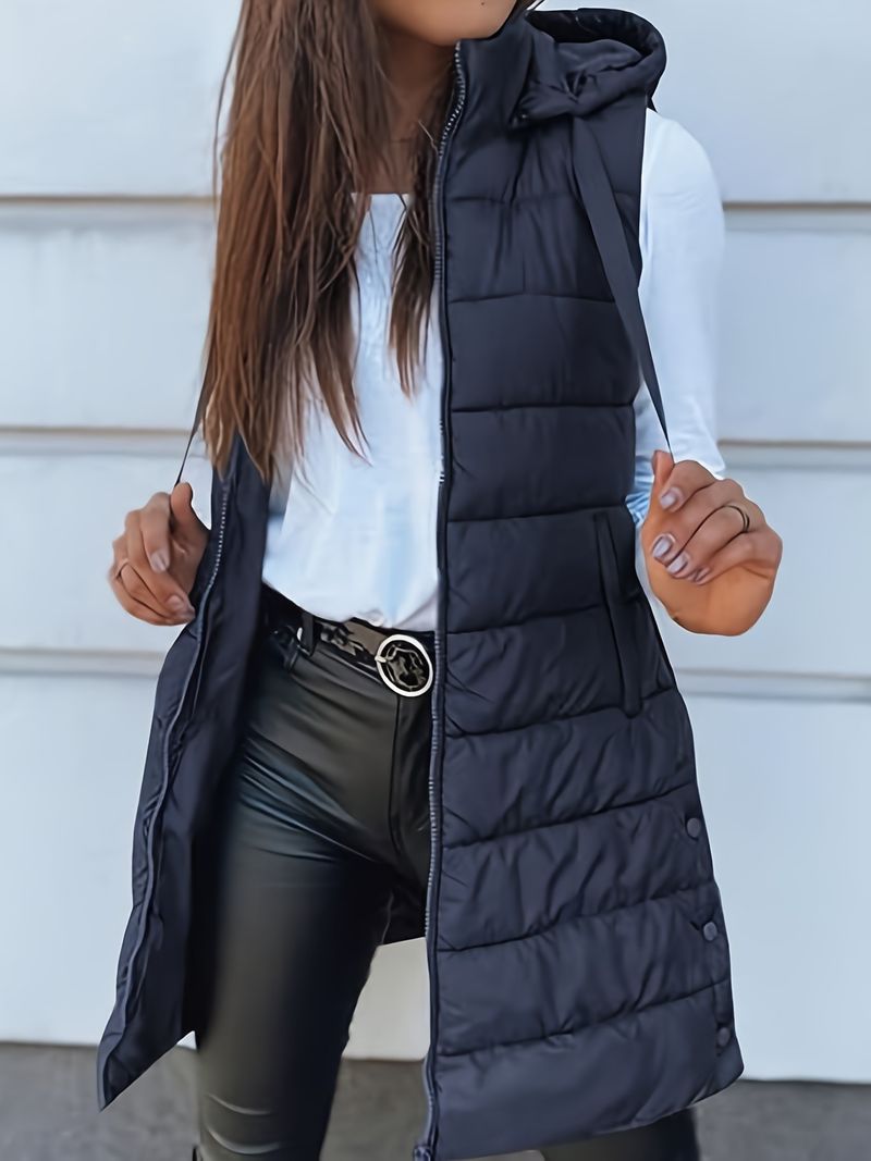 Damen-Steppweste mit Kapuze – leichte, mittellange Pufferweste mit Reißverschluss (Schwarz, Khaki, Marineblau, Grün, Olivgrün, Braun)_voghion.com