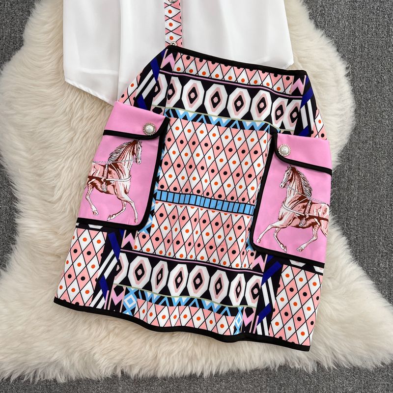 Ženska oblačila, srajca s potiskom s kratkimi rokavi, krilo z visokim pasom in žepom_voghion.com