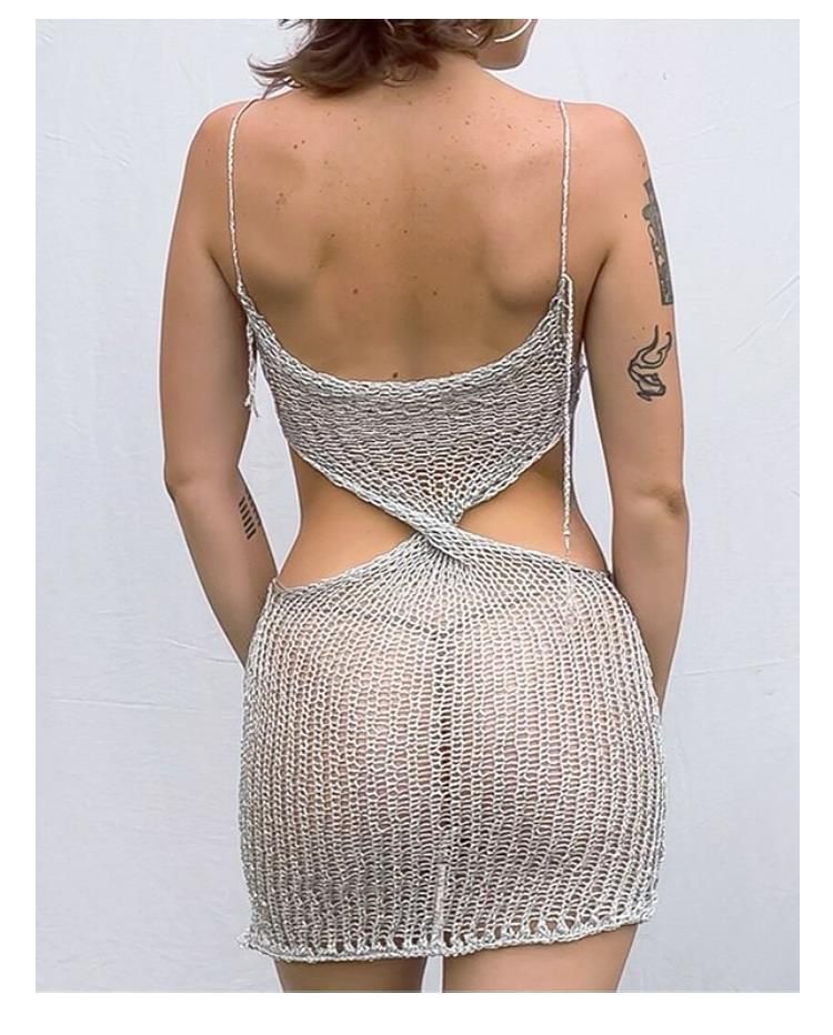 Sexy Damenkleid mit Hosenträgern, durchbrochener gestrickter Strandrock für Damen_voghion.com