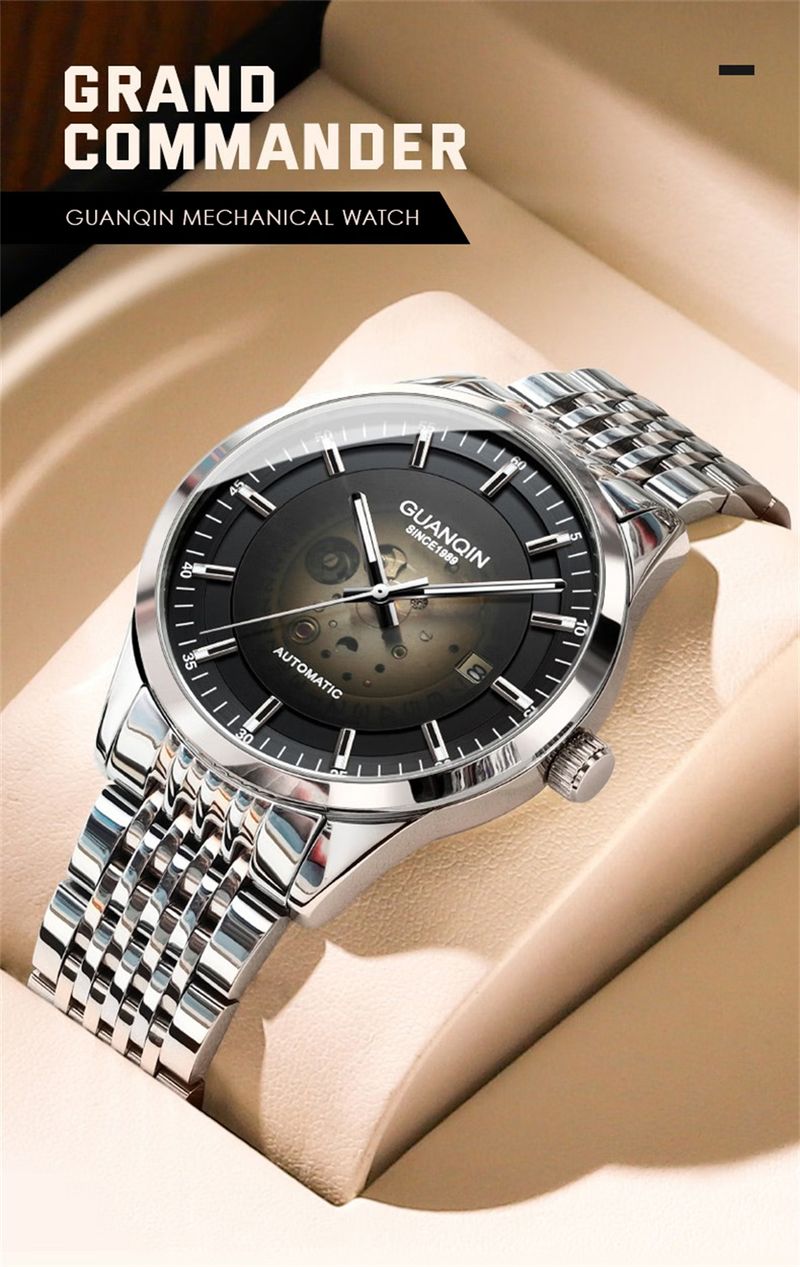 Orologio da uomo di lusso GUANQIN in acciaio inossidabile con data e movimento meccanico automatico giapponese Miyota._voghion.com