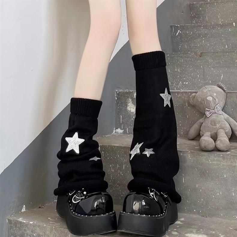 Calcetines negros de subcultura Y2k para mujer, calcetines largos de punto, cubrepiernas con estrellas, calcetines de chica sexy, Tide_voghion.com