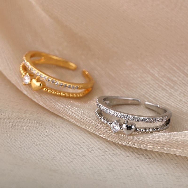 Pronto Stock Moda Zircone Cuore Anelli per le donne in acciaio inossidabile Colore oro Aperto Regolabile Doppio Anello impilabile Sposa Matrimonio_voghion.com