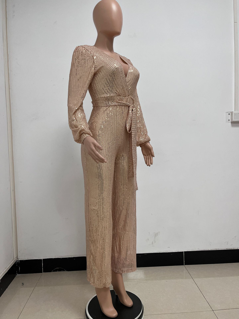 Damkläder Ins Style Deep V Mode Casual Jumpsuit Långärmat Bälte Paljett Jumpsuit Dam_voghion.com