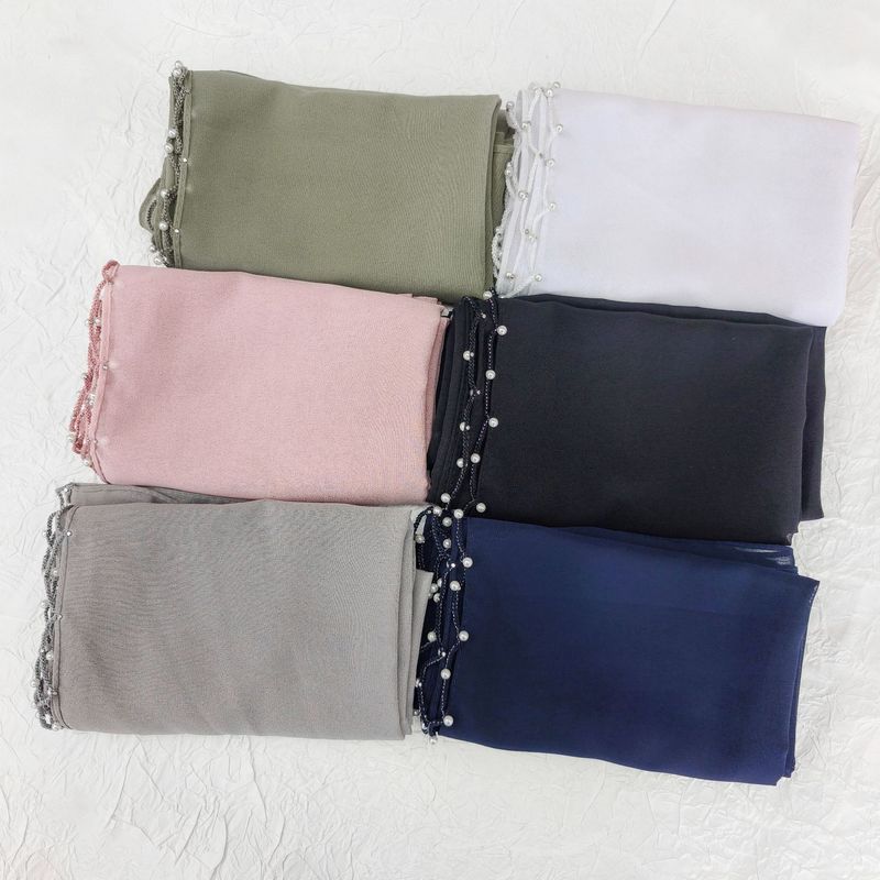 Elegant Chiffon Hijab Scarf With Pearl Beading & Wavy Hem – Lightweight Muslim Head Covering (70x175cm, Breathable, Versatile For Daily Wear)_voghion.com