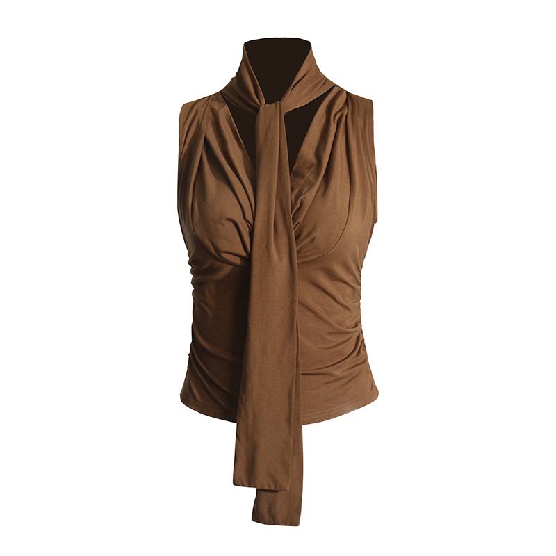 Abbigliamento da donna, top senza maniche con colletto a volant, nuovo temperamento, design con lacci plissettati, vestibilità attillata._voghion.com