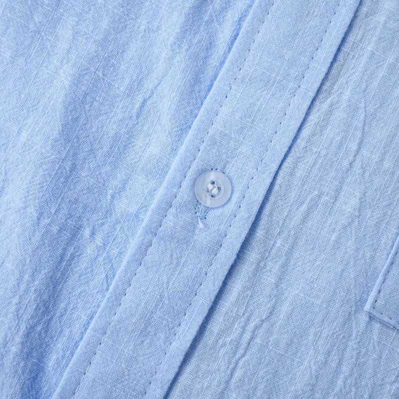 Camicia da uomo ampia a maniche lunghe in cardigan con colletto alla coreana in lino tinta unita_voghion.com