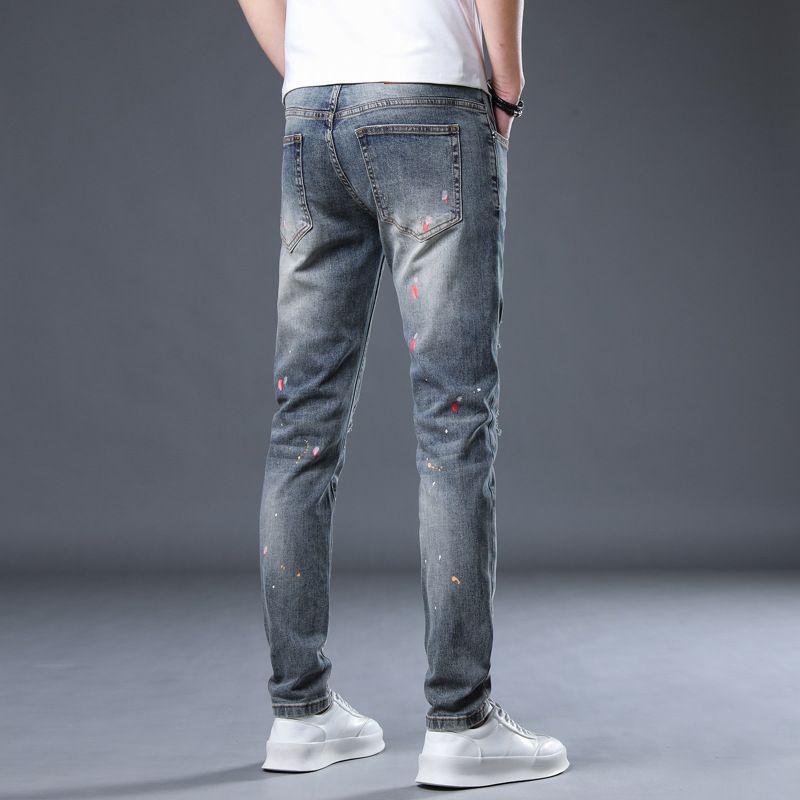 Painted trendy elastic youth distressed jeans slim fit spring/summer small leg denim men's pants_voghion.com