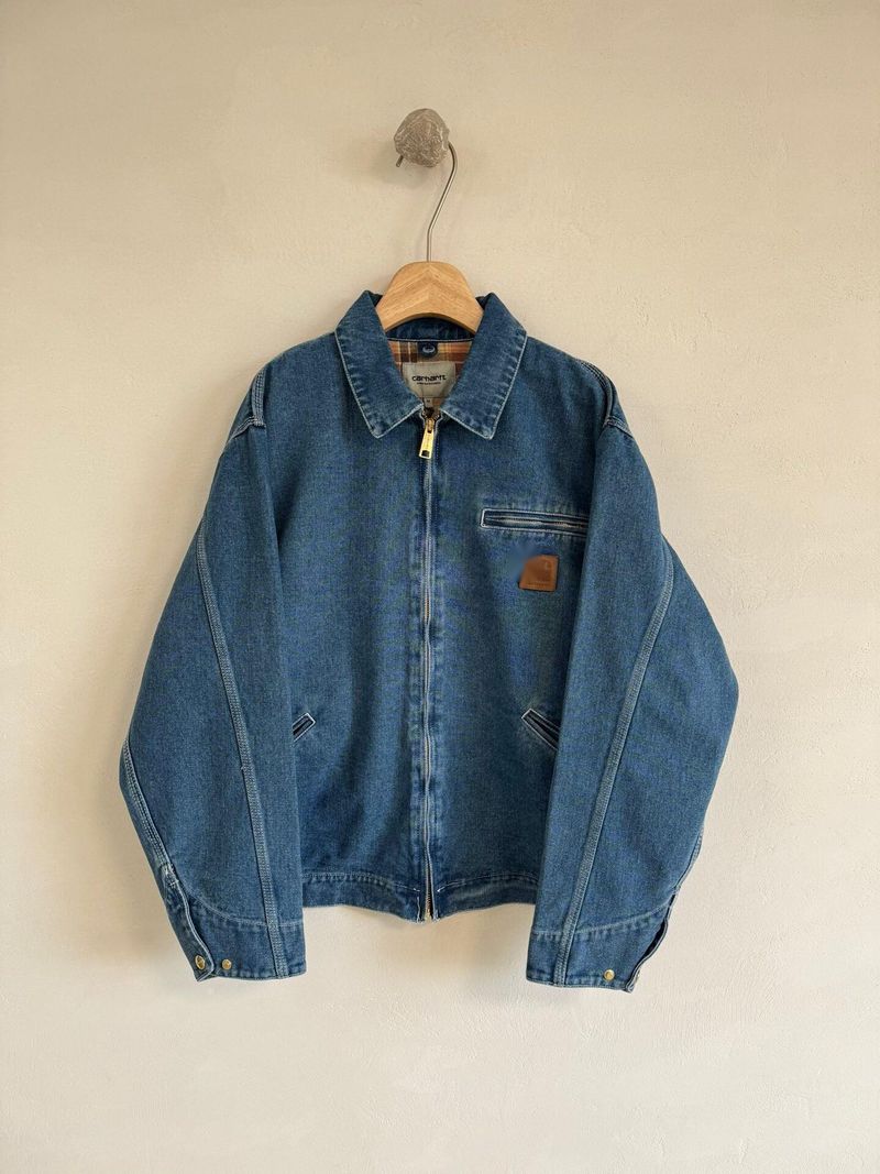 Car Card Clam Stone Washed Vintage Detroit Denim Jacket With Plaid Lining For Men And Women_voghion.com