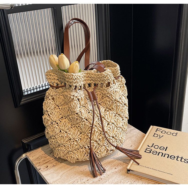 Straw Bag Woven Bag Large Capacity Straw Bag Women's Single Shoulder Armpit Bucket Bag Summer Beach Holiday Beach Bag_voghion.com