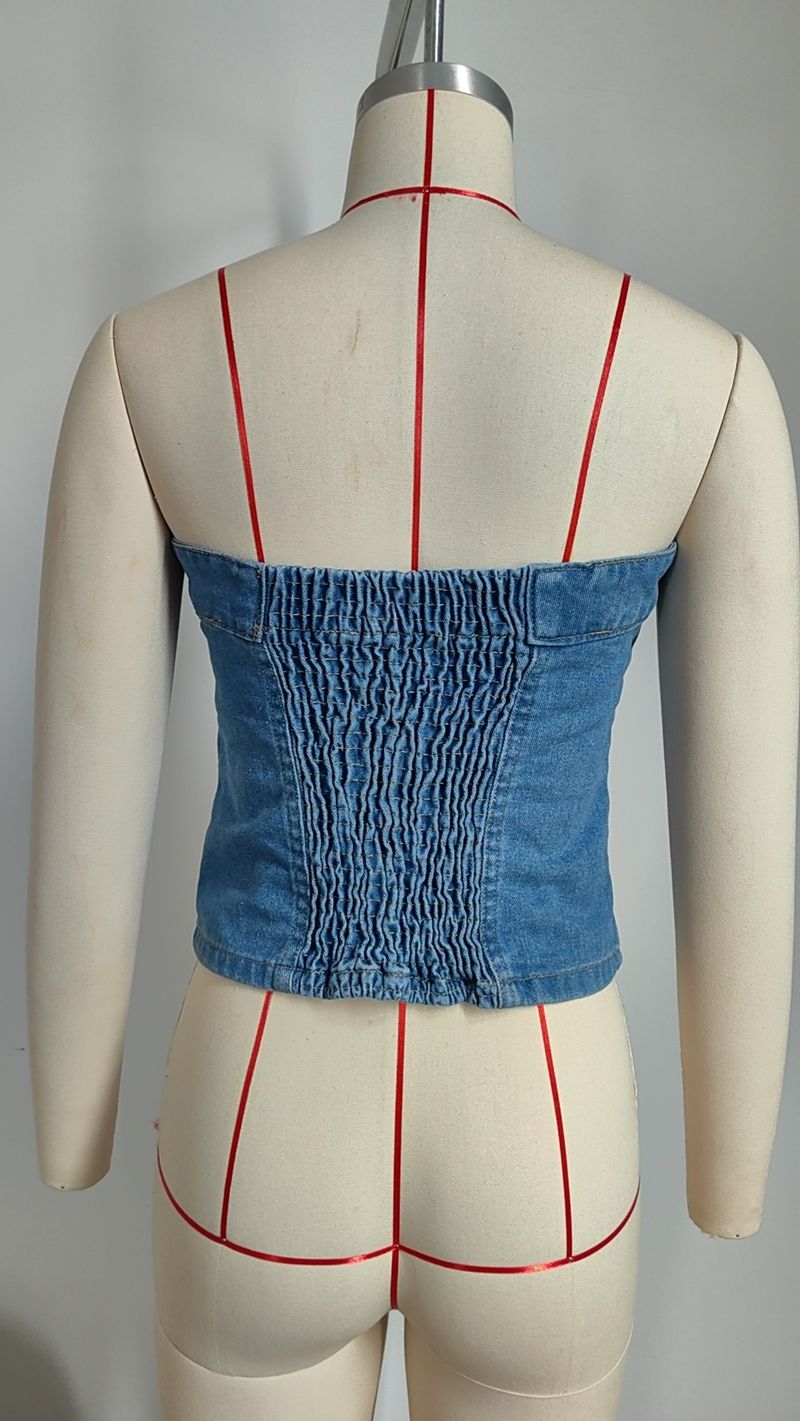 Damenbekleidung Gewaschen Einreihig Geknöpft Schulterfrei Slim Denim Sexy Tube Top Trend_voghion.com