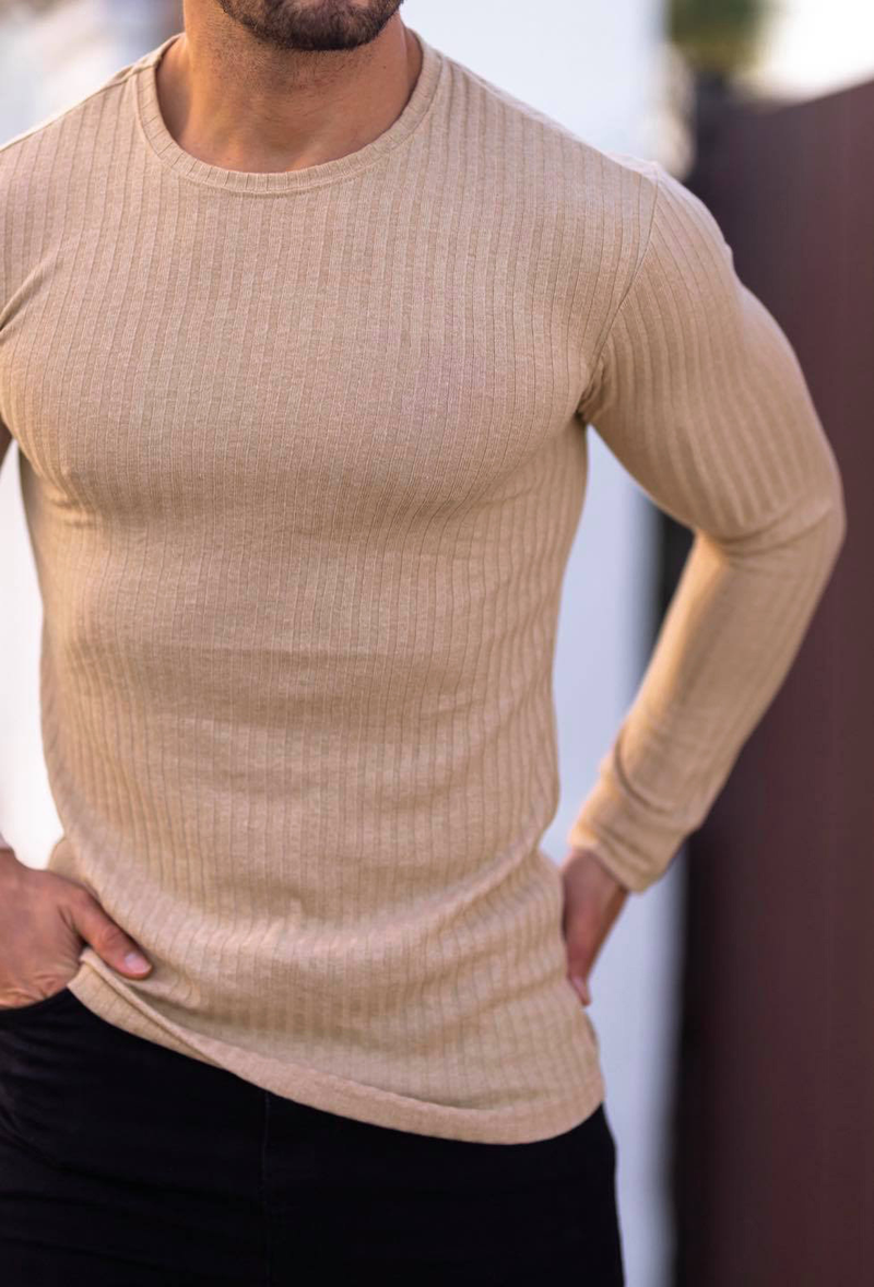 Ropa para hombre Camiseta deportiva de otoño para hombre, informal, con cuello alto, tiras verticales elásticas, cuello redondo, manga larga_voghion.com